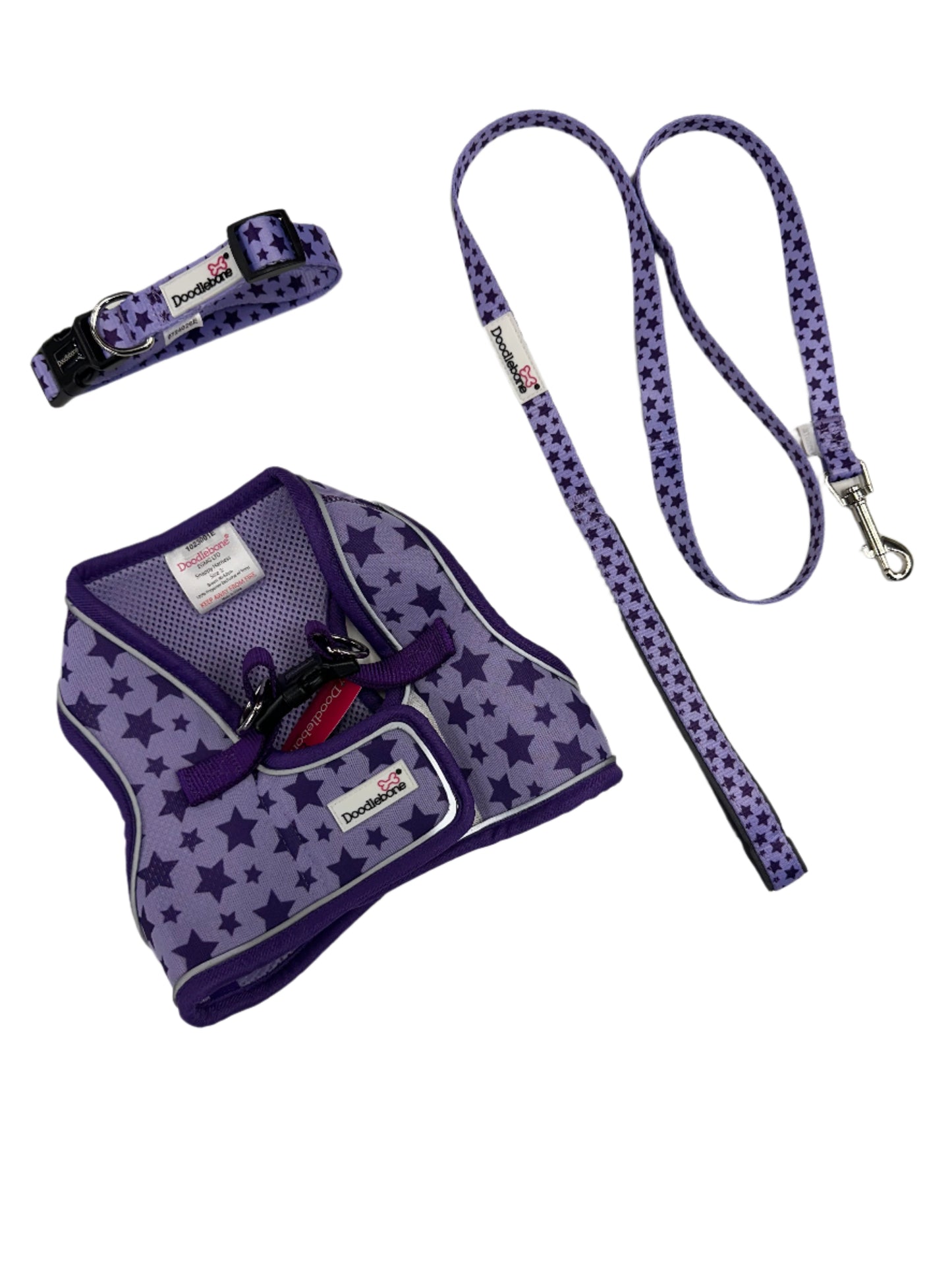 ❤️Harness The Love❤️ - Valentines Violet Stars Doodlebone® Snappy Harness, Lead and FREE Collar Bundle